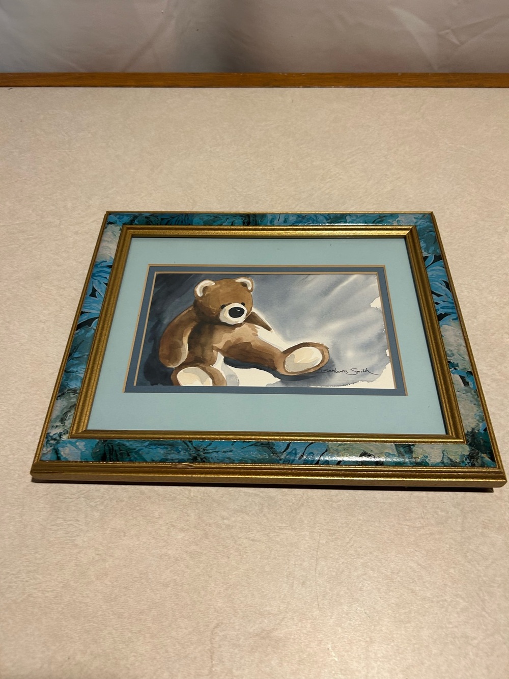 Vintage Original Watercolor Teddy Bear Painting Signed Barbara Smith Framed